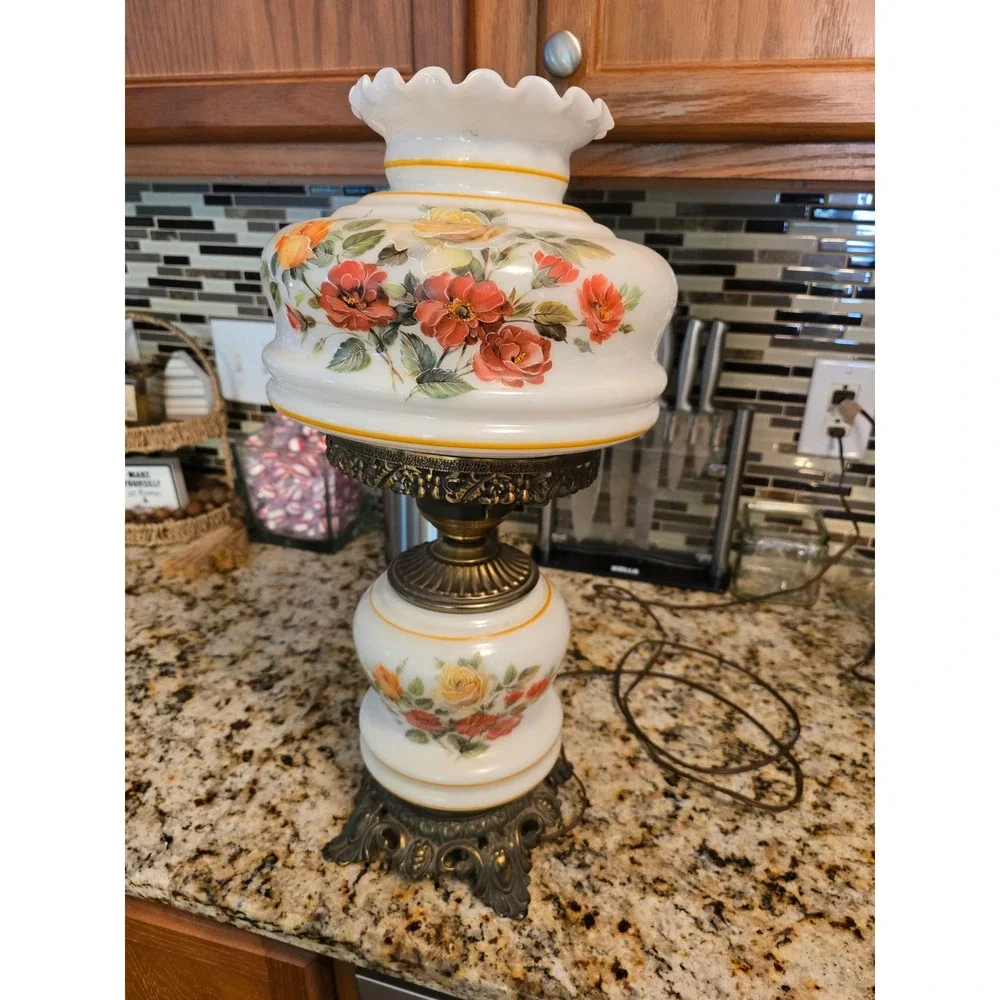 Vintage Hurricane Lamp Floral Milk Glass Gone With The Wind Style 3-Way Light